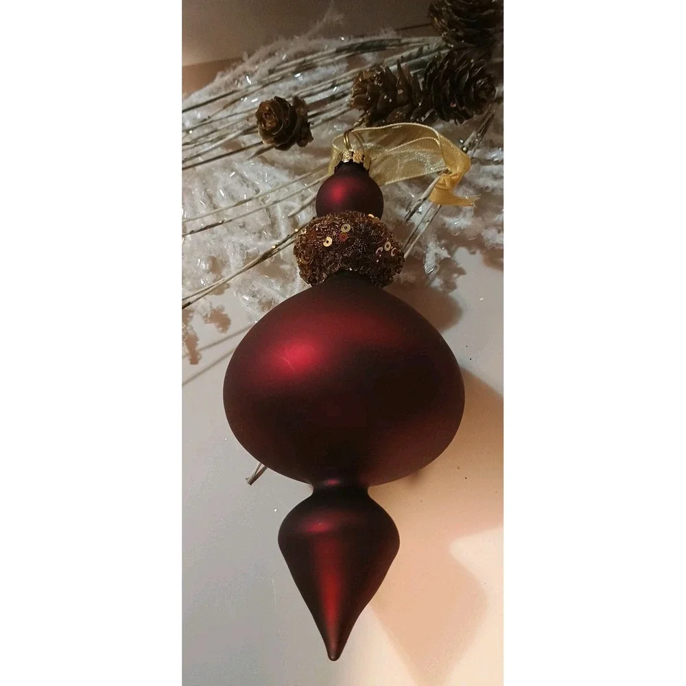 Pair Of Frontgate Glass Ornament Glitter Beaded Maroon‎ & Gold Finial Shape